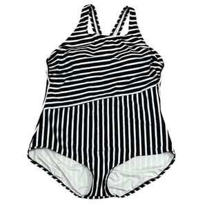 Lands End Full Coverage Striped High Neck Tugless Swimsuit NEW Size XL